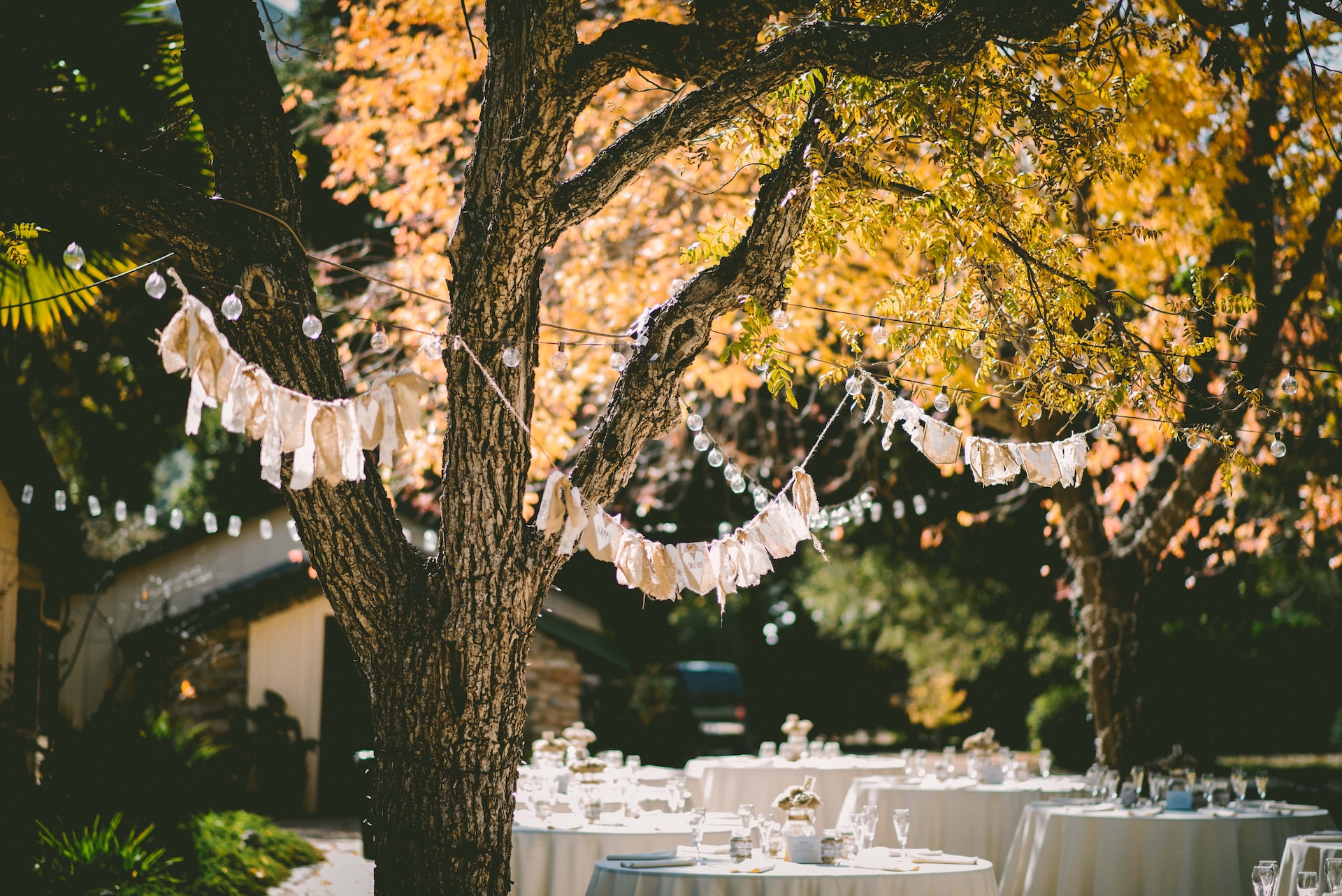 Garden party with formal tables, bunting and fairy lights.