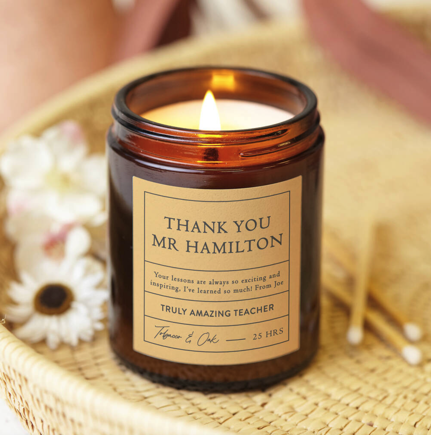 Scented candle with personalised label. 