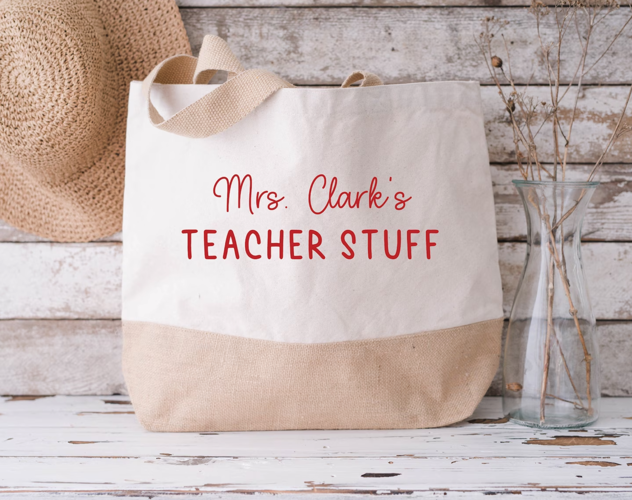Personalised tote bag with words 'Mrs Clark's Teacher Stuff' written on it. 