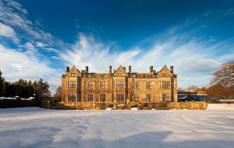 Shot of the front Gisborough Hall in the snow. 