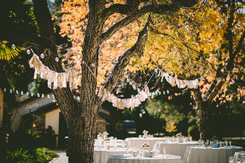 Garden party with formal tables, bunting and fairy lights.