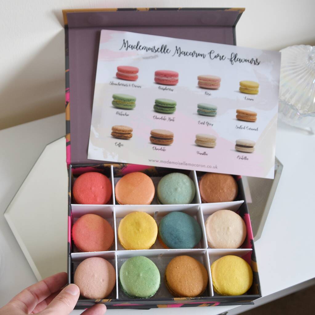 Classic Macaron Gift Box with 12 coloured macarons in. 