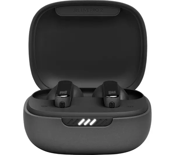 Black Bluetooth Noise-Cancelling Earbuds in case. 