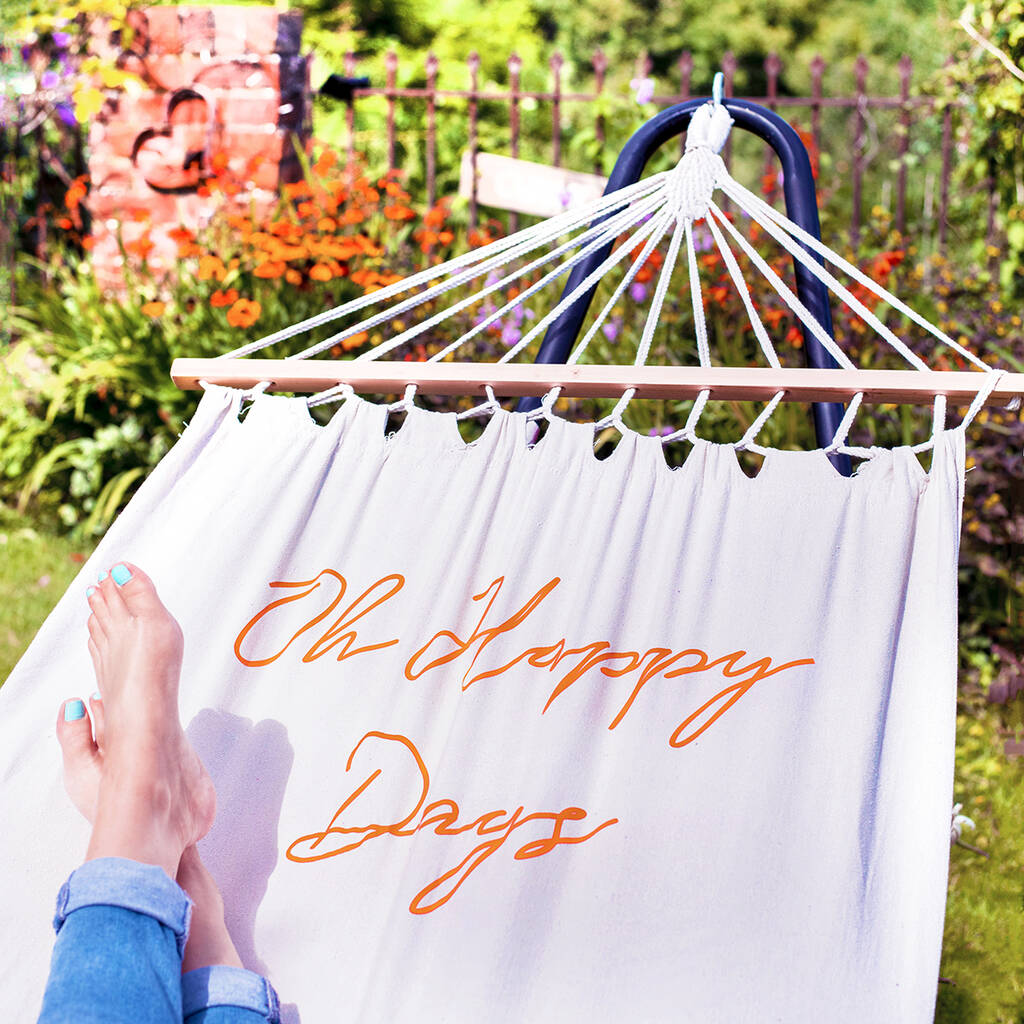 Personalised Hammock reading 'oh the happy days' with stand.