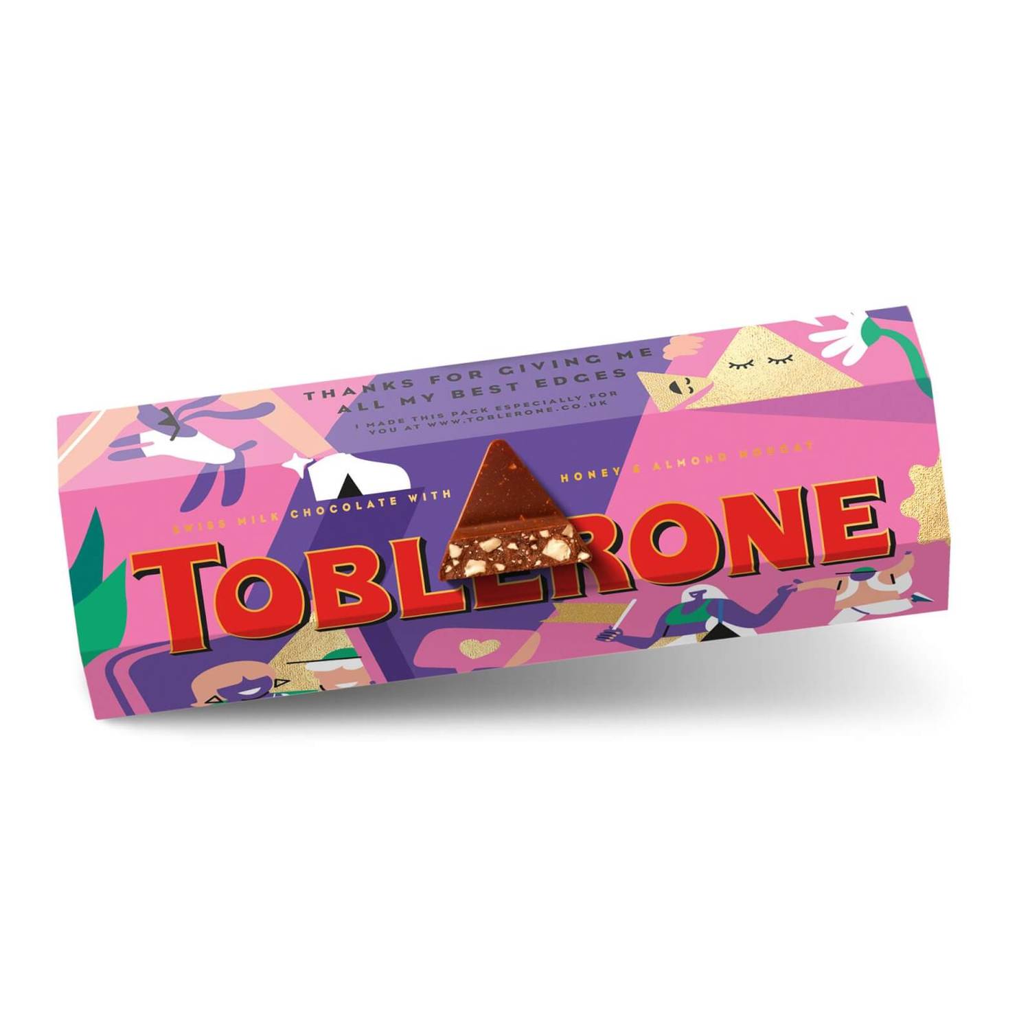 Customised Toblerone package with the message 'Thank you for giving me all my best edges'. 