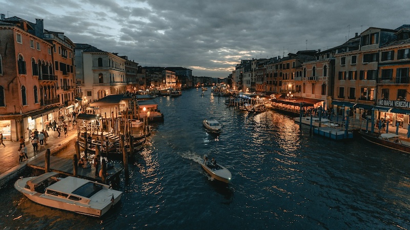 Venice waterways at dusk. 