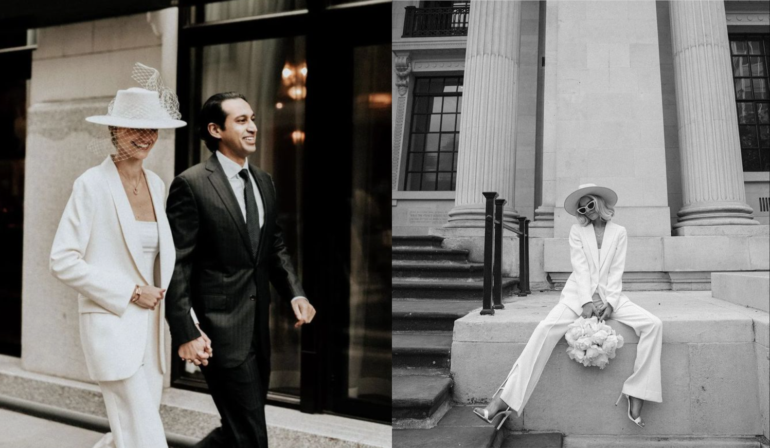 Left; Newly wed couple walking down the street. Bride in white suit with hat and lace veil. Right; Woman sits in white suit, holding a bouquet of white flowers. 